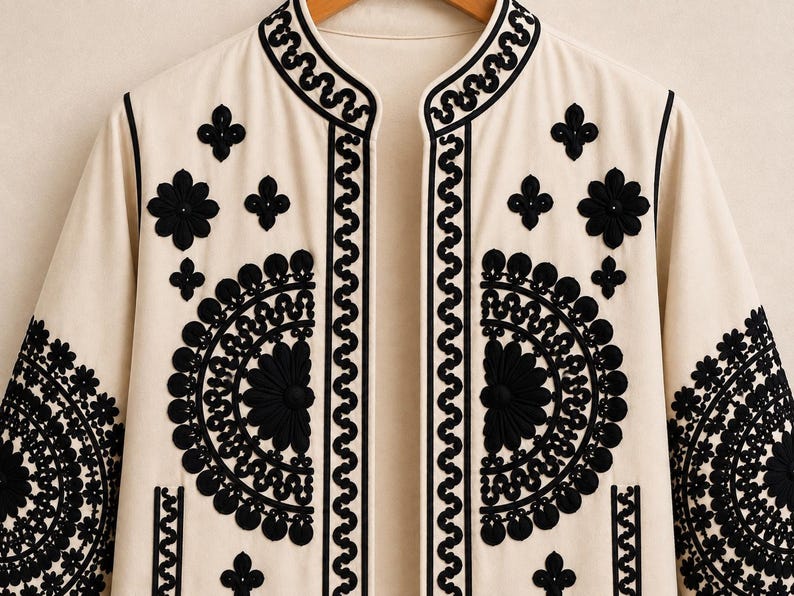 May include: An off-white jacket featuring black embroidery in intricate circular and floral patterns. The garment has a mandarin collar, long sleeves, and a front opening, with black decorative trim lining the edges and the central placket.