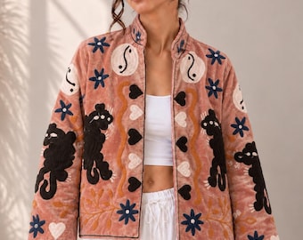 Embroidered Velvet Jacket for Women, Boho Animal Floral Statement Jacket, Unique Handmade Outerwear
