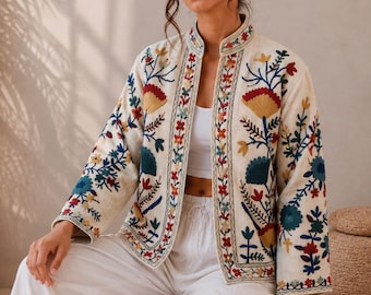 Embroidered TNT Cotton Jacket, Handmade Floral Boho Jacket, Folk Art Jacket, Colorful Botanical Embroidery, Ethnic Summer Jacket,Gift jacket