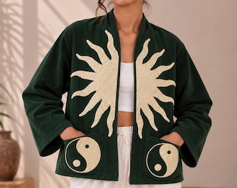 Dark Green Embroidered Jacket, Handmade Sun Yin Yang Jacket, Boho Art Jacket, Celestial Embroidery Coat, Unisex Statement Jacket.