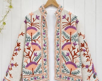 Handmade Floral Embroidered TNT Cotton Jacket | Boho Artisan Women’s Jacket | Lightweight Summer Cotton Coat | Gift for Her