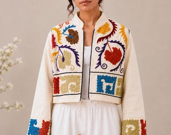 Luxury Handmade Embroidered Cotton Jacket, Premium Boho Floral Folk Art Jacket, Artisan Cropped Statement Jacket, Unique Women Gift