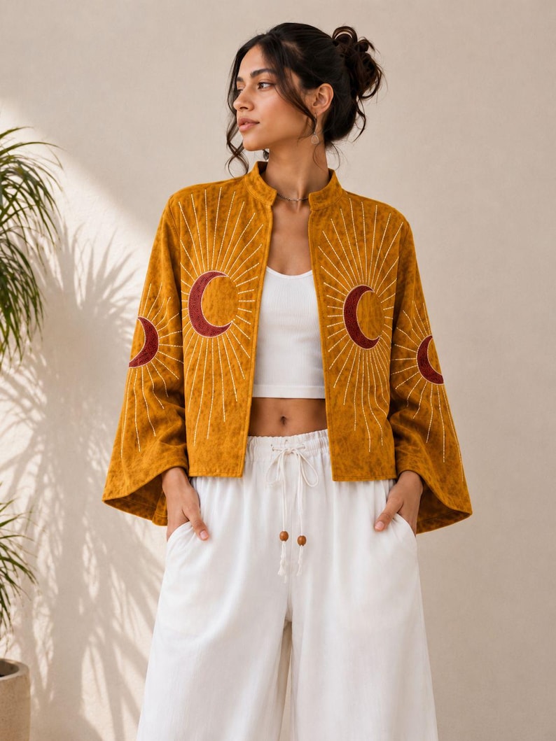 Moonburst Embroidered Velvet Jacket, Handmade Boho Moon Jacket, Celestial Embroidery Coat, Kimono Sleeve Jacket, Gift for Her image 1