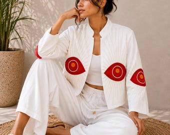 Handmade Velvet Evil Eye Jacket, Boho Embroidered Jacket, White Statement Coat, Luxury Artisan Jacket, Festival Wear, Gift for Her
