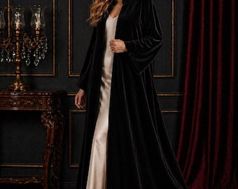 Black Velvet Long Coat | Flared Sleeves, Wedding Party Wear, Evening Duster