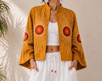 Vintage Yellow Velvet Quilted Jacket, Hand-Embroidered Evil Eye Art, Bohemian Sunburst Reversible Coat, Unique Hippie Boho Outerwear