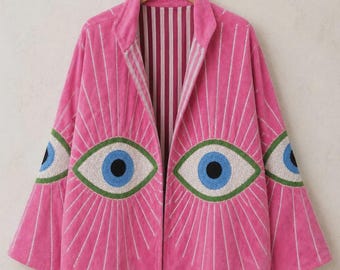 Pink Velvet Evil Eye Jacket | Embroidered Boho Kimono Coat | Festival Statement Piece