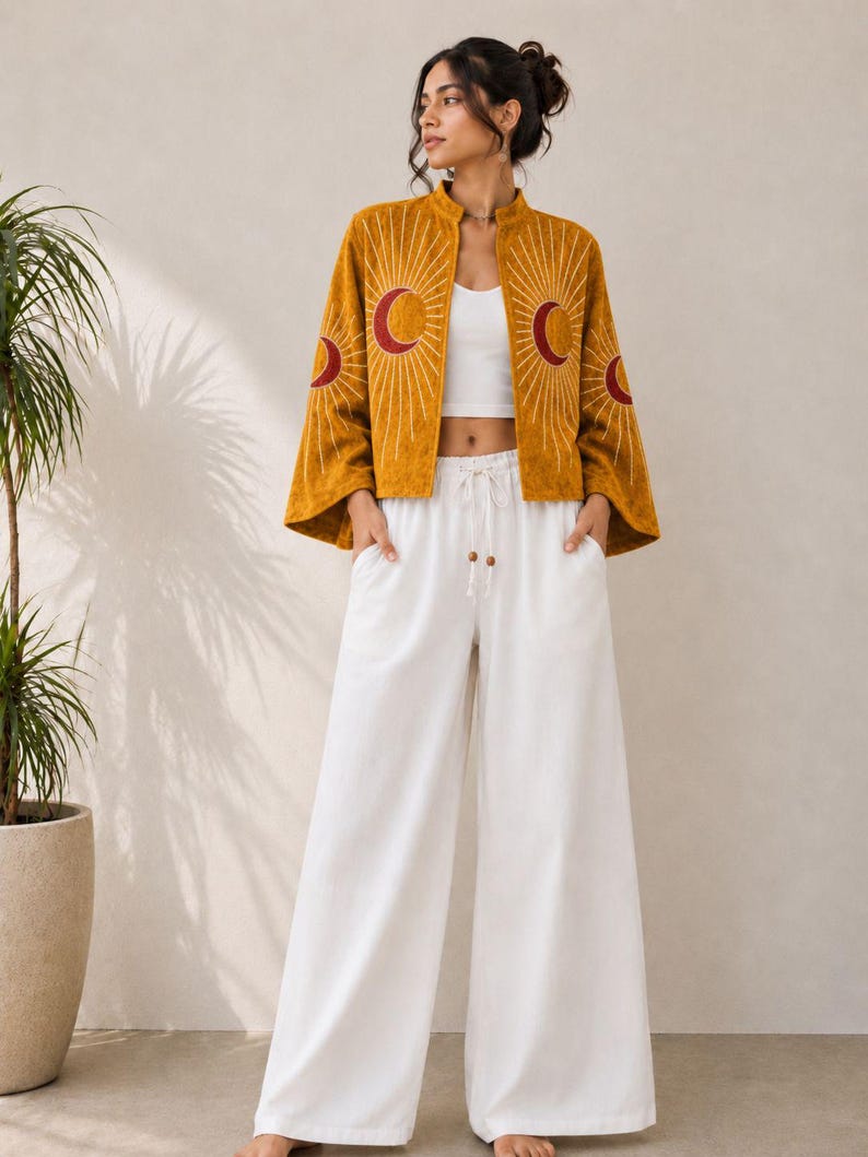 May include: A mustard yellow open-front jacket featuring embroidered red crescent moons and white sunburst rays on the sleeves and chest, paired with a white cropped tank top and white wide-leg trousers with a drawstring waist and wooden beads.
