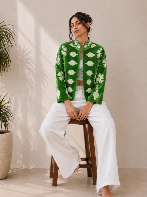 Handmade Green Velvet Embroidered Jacket, Artisan Boho Jacket, Luxury Statement Coat, Cottagecore Floral Jacket, Gift for Her