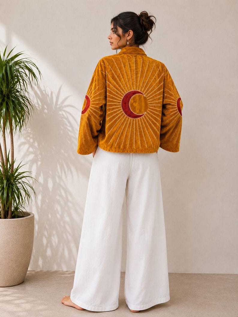 May include: A mustard yellow velvet jacket featuring a large embroidered red crescent moon on the back with white radiating sunburst lines, and smaller matching moon motifs on each sleeve, paired with loose-fitting white wide-leg trousers.