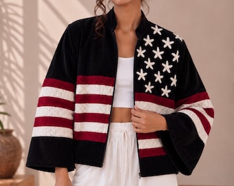 Black Velvet American Flag Jacket | Handmade Embroidered Star & Red White Stripe Jacket | USA Inspired Statement Jacket, Black Velvet Jacket