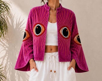 Magenta Velvet Eye Embroidered Jacket, Flared Sleeve Statement Coat, Boho Artwear, Gift for her.
