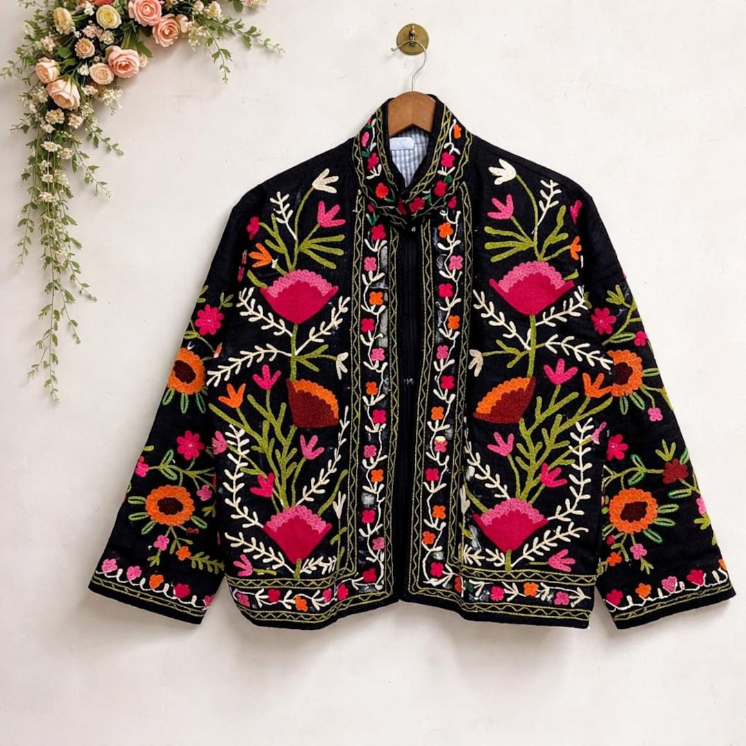 Black Kashmiri Embroidered Jacket, Floral Boho Wool Coat, Handmade ...