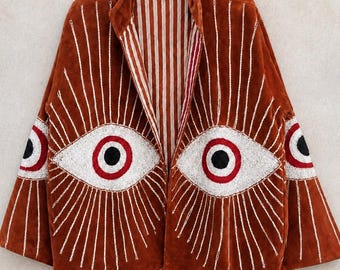 Handmade Evil Eye Cotton Jacket, Boho Embroidered Jacket, Artisan Statement Coat, Oversized Cotton Kimono, Festival Jacket Gift for Women