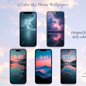 May include: Five smartphones displaying calm sky-themed wallpapers. Each phone shows a different scenic image of a sky, lake, and mountain landscape. The text "5 Calm Sky Phone Wallpapers" and "Designed for daily calm" are visible.