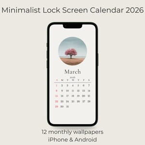 Minimalist Phone Calendar 2026, Monthly Lock Screen Wallpaper, iPhone & Android, Digital Download