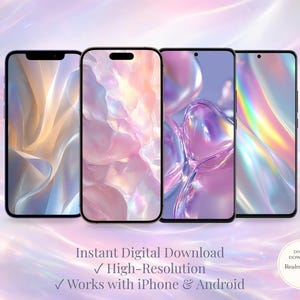 May include: Four smartphones with abstract, colorful backgrounds. The screens display flowing, iridescent patterns in shades of gold, pink, and purple. Text at the bottom reads "Instant Digital Download," "High-Resolution," and "Works with iPhone & Android."