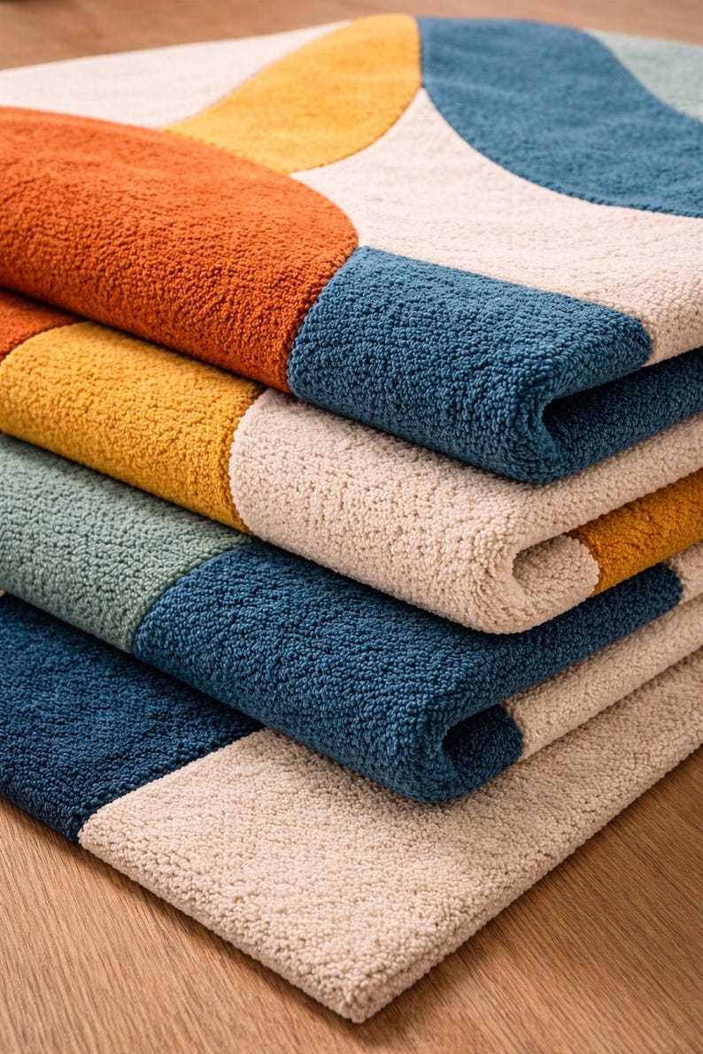 Add bold color and modern elegance to your home with this Modern Abstract Area Rug featuring teal, mustard yellow, and burnt orange tones. Designed with a striking geometric pattern, this contemporary rug instantly transforms any space into a stylish and inviting interior. Its artistic curved shapes and vibrant color palette make it a perfect statement piece for modern homes, apartments, and designer interiors.