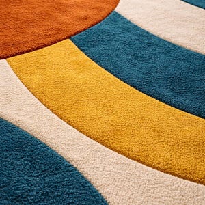 Add bold color and modern elegance to your home with this Modern Abstract Area Rug featuring teal, mustard yellow, and burnt orange tones. Designed with a striking geometric pattern, this contemporary rug instantly transforms any space into a stylish and inviting interior. Its artistic curved shapes and vibrant color palette make it a perfect statement piece for modern homes, apartments, and designer interiors.