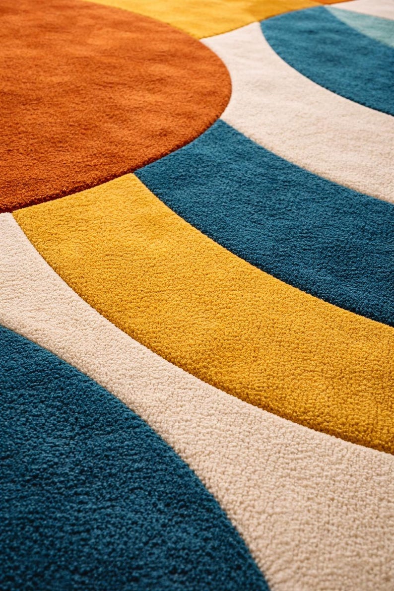 Add bold color and modern elegance to your home with this Modern Abstract Area Rug featuring teal, mustard yellow, and burnt orange tones. Designed with a striking geometric pattern, this contemporary rug instantly transforms any space into a stylish and inviting interior. Its artistic curved shapes and vibrant color palette make it a perfect statement piece for modern homes, apartments, and designer interiors.