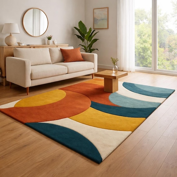 Modern Abstract Area Rug, Teal Mustard Orange Carpet, Living Room Floor Rug (Custom Size)
