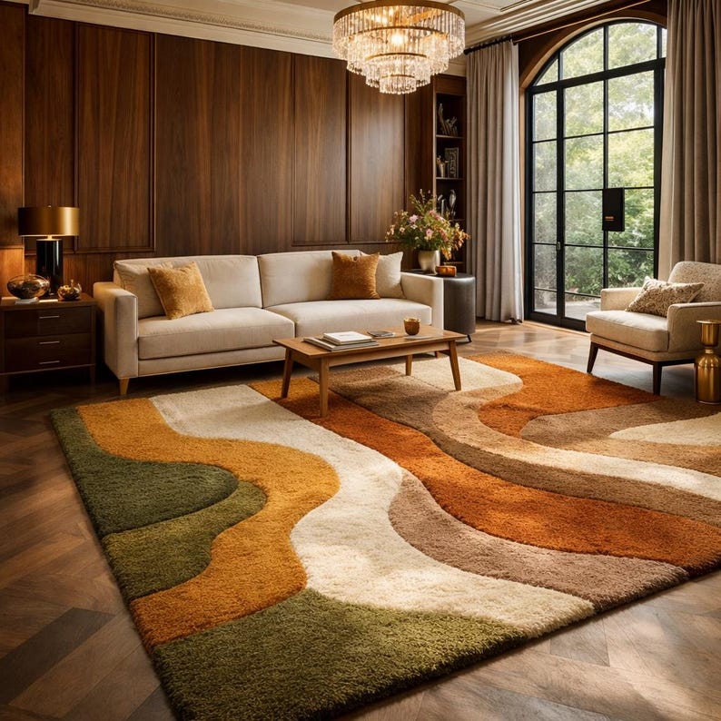 Abstract Wavy Wool Rug | Mid Century Modern Hand Tufted Carpet | 3D ...