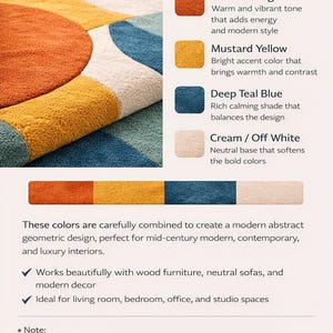Add bold color and modern elegance to your home with this Modern Abstract Area Rug featuring teal, mustard yellow, and burnt orange tones. Designed with a striking geometric pattern, this contemporary rug instantly transforms any space into a stylish and inviting interior. Its artistic curved shapes and vibrant color palette make it a perfect statement piece for modern homes, apartments, and designer interiors.
