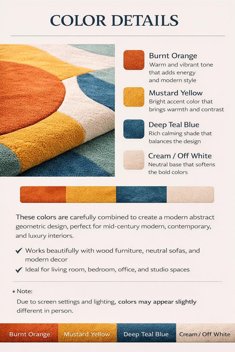 Add bold color and modern elegance to your home with this Modern Abstract Area Rug featuring teal, mustard yellow, and burnt orange tones. Designed with a striking geometric pattern, this contemporary rug instantly transforms any space into a stylish and inviting interior. Its artistic curved shapes and vibrant color palette make it a perfect statement piece for modern homes, apartments, and designer interiors.