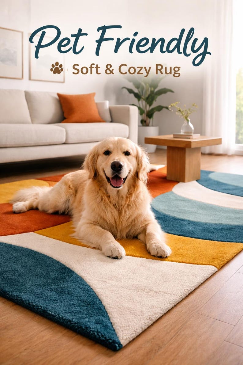 Add bold color and modern elegance to your home with this Modern Abstract Area Rug featuring teal, mustard yellow, and burnt orange tones. Designed with a striking geometric pattern, this contemporary rug instantly transforms any space into a stylish and inviting interior. Its artistic curved shapes and vibrant color palette make it a perfect statement piece for modern homes, apartments, and designer interiors.