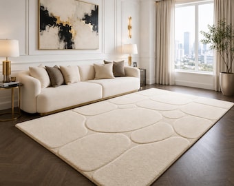 Hand Tufted Wool Rug, Organic Stone Pattern, Neutral Living Room Carpet
