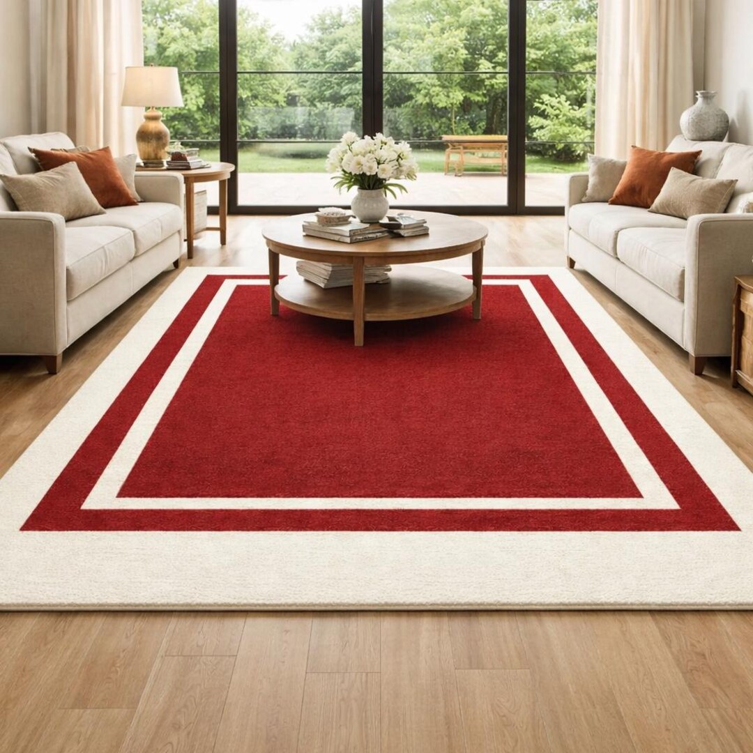 Handmade Red Border Area Rug, Minimalist Cream Frame Carpet ...
