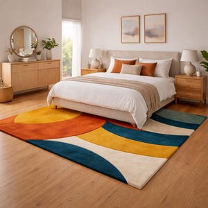 Add bold color and modern elegance to your home with this Modern Abstract Area Rug featuring teal, mustard yellow, and burnt orange tones. Designed with a striking geometric pattern, this contemporary rug instantly transforms any space into a stylish and inviting interior. Its artistic curved shapes and vibrant color palette make it a perfect statement piece for modern homes, apartments, and designer interiors.