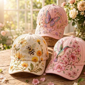 May include: Three baseball caps featuring embroidered designs. One light pink cap displays a purple butterfly and floral vines. A cream cap features a bee and yellow dandelion flowers. Another light pink cap shows a hummingbird and pink blossoms.