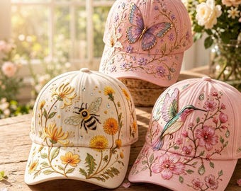 Cappellino da baseball con colibrì e fiori, cappello botanico con ricamo 3D per donna, cappello regolabile con fiori selvatici in stile cottagecore, regalo a tema natura.
