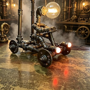 Steampunk Robot Motorcycle Lamp – Handmade Industrial Iron Decor, Retro Mechanical Art Gift