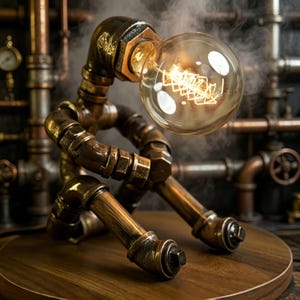 Puede incluir: Lámpara de escritorio de estilo steampunk hecha de tuberías y accesorios de cobre, con forma de figura sentada. La lámpara tiene una gran bombilla Edison redonda que emite una luz cálida. La base es de madera redonda, con tuberías en el fondo.