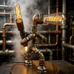 Puede incluir: Lámpara de estilo steampunk con forma de persona, construida con tuberías y accesorios de latón. La lámpara presenta dos bombillas de estilo Edison, una en el brazo y otra como cabeza. La base es una plataforma redonda de madera.