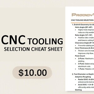 May include: A CNC Tooling Selection Cheat Sheet with the text "CNC TOOLING SELECTION CHEAT SHEET" in large black letters. The sheet includes information on endmill geometry, tool diameter, and roughing strategies. The price is $10.00.