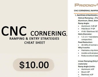 May include: A cheat sheet detailing CNC cornering, ramping, and entry strategies. The document provides information on helical ramping, feed reduction, and trochoidal step-over. The price is £10.00.