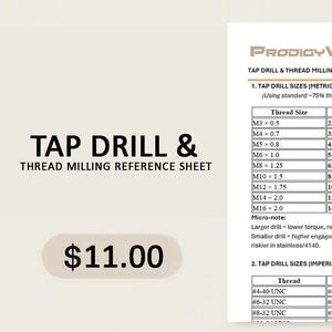 Puede incluir: Una hoja de referencia titulada "TAP DRILL & THREAD MILLING REFERENCE SHEET" con tamaños de brocas de roscar métricos e imperiales. La hoja incluye tamaños de rosca y medidas de brocas de roscar en milímetros y pulgadas. El precio es de 11,00 €.