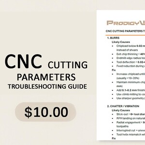 May include: A troubleshooting guide for CNC cutting parameters. The guide includes likely causes and fixes for burrs, chatter, and tool breakage. The price is $10.00.