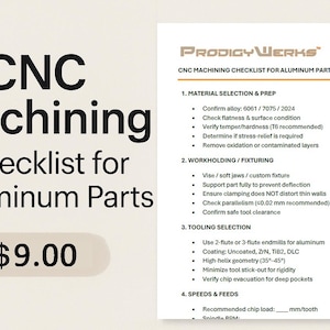 May include: A CNC Machining Checklist for Aluminum Parts, featuring a detailed list of procedures. The document includes sections on material selection, workholding, tooling, speeds, and finishing strategies. The price tag shows $9.00.