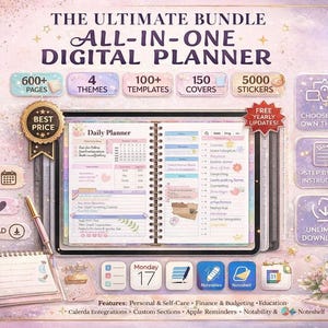 Puede incluir: Paquete de planificador digital con más de 600 páginas, 4 temas, más de 100 plantillas, 150 portadas y 5000 pegatinas. Incluye integraciones de calendario, fácil de usar y descarga instantánea. El planificador incluye un planificador diario.