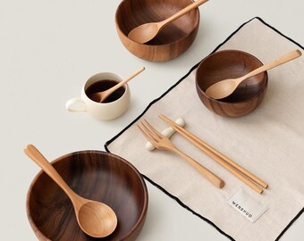 Japanese Natural Wood Cutlery Set, Portable Fork Spoon Chopsticks, Aesthetic Reusable Travel Dinnerware WENSHUO