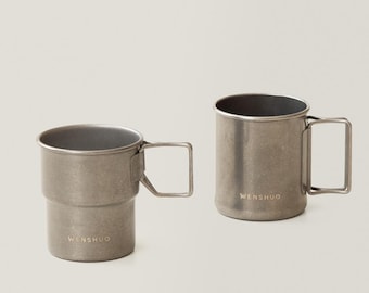 Vintage Distressed Stainless Steel Camping Mug with Folding Handle, WENSHUO