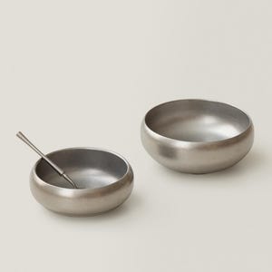 May include: Two brushed metal bowls, one with a small spoon inside. The bowls are round with a low profile and a matte finish. The spoon is also metal and has a simple design. The bowls are likely for serving or display.