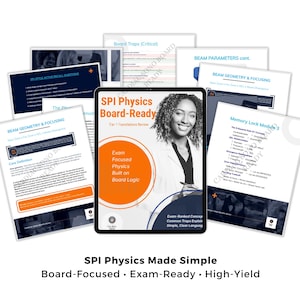 Può includere: Un tablet mostra "SPI Physics Board-Ready" con l'immagine di una donna, circondato da materiali di studio stampati. Il testo include "Exam Focused Physics Built on Board Logic" e "Exam-Ranked Concepts". Il testo in basso recita "SPI Physics Made Simple".