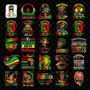 Puede incluir: Una colección de diseños con temática de Juneteenth sobre un fondo negro. Los diseños presentan varios gráficos, incluyendo puños rompiendo cadenas, retratos y texto como "Breaking Every Chain Since 1865" y "Juneteenth". La paleta de colores incluye rojo, verde, amarillo y negro.