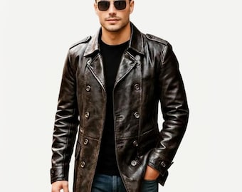 Cappotto invernale da uomo vintage in pelle marrone, doppiopetto e fatto a mano.