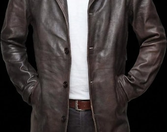 Men’s Distressed Brown Lambskin Leather Blazer – Vintage Button-Up Car Coat